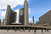 Demonstrators socially distancing outside of Toronto City Hall while Protesting thumbnail