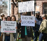 Anti mask protestors at Queen&#039;s park in Toronto Ontario thumbnail