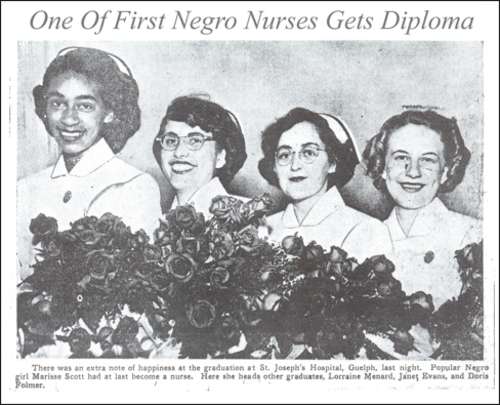 Newspaper clipping celebrating Marisse Scott's graduation as a Nurse in 1950. She is pictured in her nursing uniform alongside three other graduates with an armful of roses. 