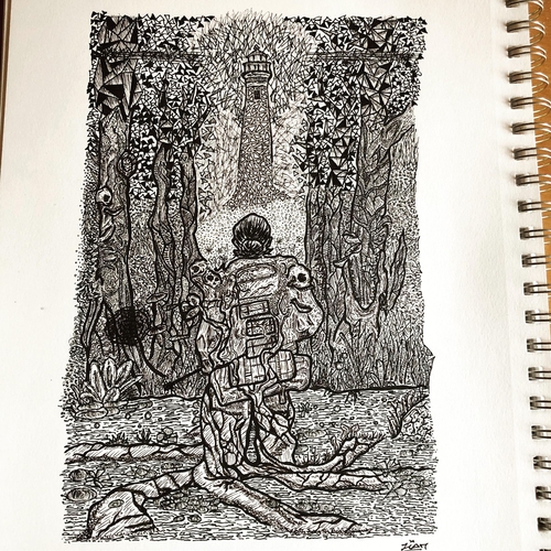 A black-and-white sketch completed with ink. It features a figure standing knee-deep in a swamp looking up at a lighthouse in the distance. The figure appears to be consumed by the swamp. Their legs morph into tree roots that are submerged in the water. Skulls emerge from the figure's shoulders, which are carrying a backpack. The lighthouse emits a fractured light upwards and outwards. There are trees on either side, which fragment into triangles at the top. The sketch was inspired by the film Annihilation (2018), and was completed during a bout of self-isolation by the artist due to COVID.