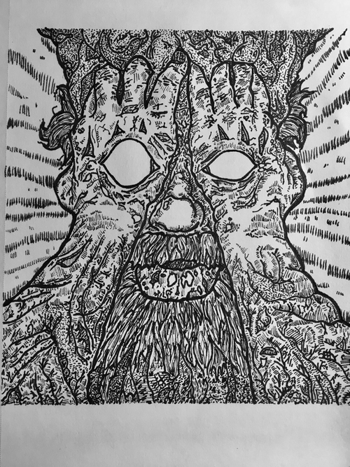 A black-and-white sketch on white paper with black ink. It is a recreation of the album cover "New Junk Aesthetic" by the metal band Every Time I Die. The sketch features an aged figure with their hands covering their face. However the subject of the image is bordering on the psychedelic as its eyes are seeing through its hands. It has a beard filled with grime, and chapped lips. The arms are covered in unidentifiable details of lines and dots. The hands and arms also have a similar dirtiness and grime to them like the beard and mouth. Sets of adjacent lines beam outwards from behind the figure.