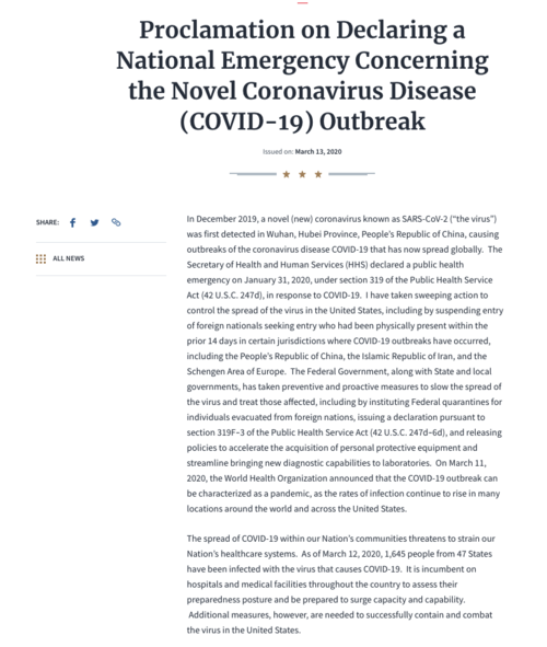 President Donald Trump's declaration of a national emergency surrounding the COVID-19 outbreak