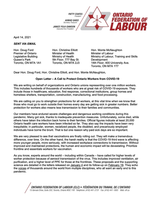 In this photograph it is a letter addressed to premier Ford and MPP'S Elliott and McNaughton to protect Ontario workers. This letter was sent to help create better protection for all workers in the province.