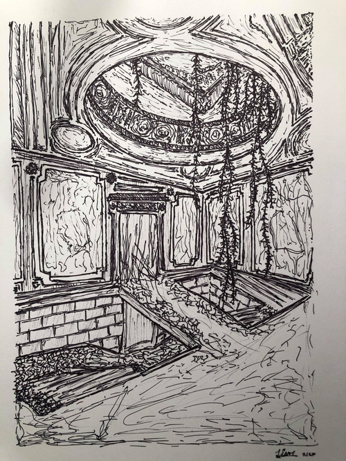 A black-and-white sketch of an abandoned building in ruins. There is a hole in the ceiling where vines hang down, some reaching the floor. There is a staircase on the far left side leading to an unseen area. There is a bridge leading from the middle of the sketch outwards to an open doorway. The walls are cracked and falling apart. The stairs are covered in rubble. The ceiling features circular patterns, and is also cracked and crumbling.