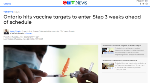 News Article - Ontario Vaccination Rates Approach Target Ahead of Schedule (June 22, 2021)