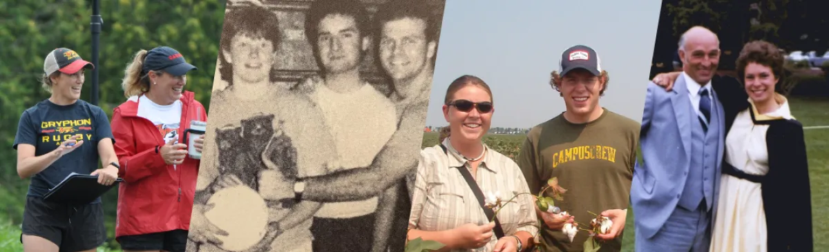 Collage that includes two woman coaching rugby, three people posing with a volleyball in black and w