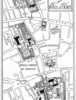 Drawn map showing the area surrounding the Inns of Court